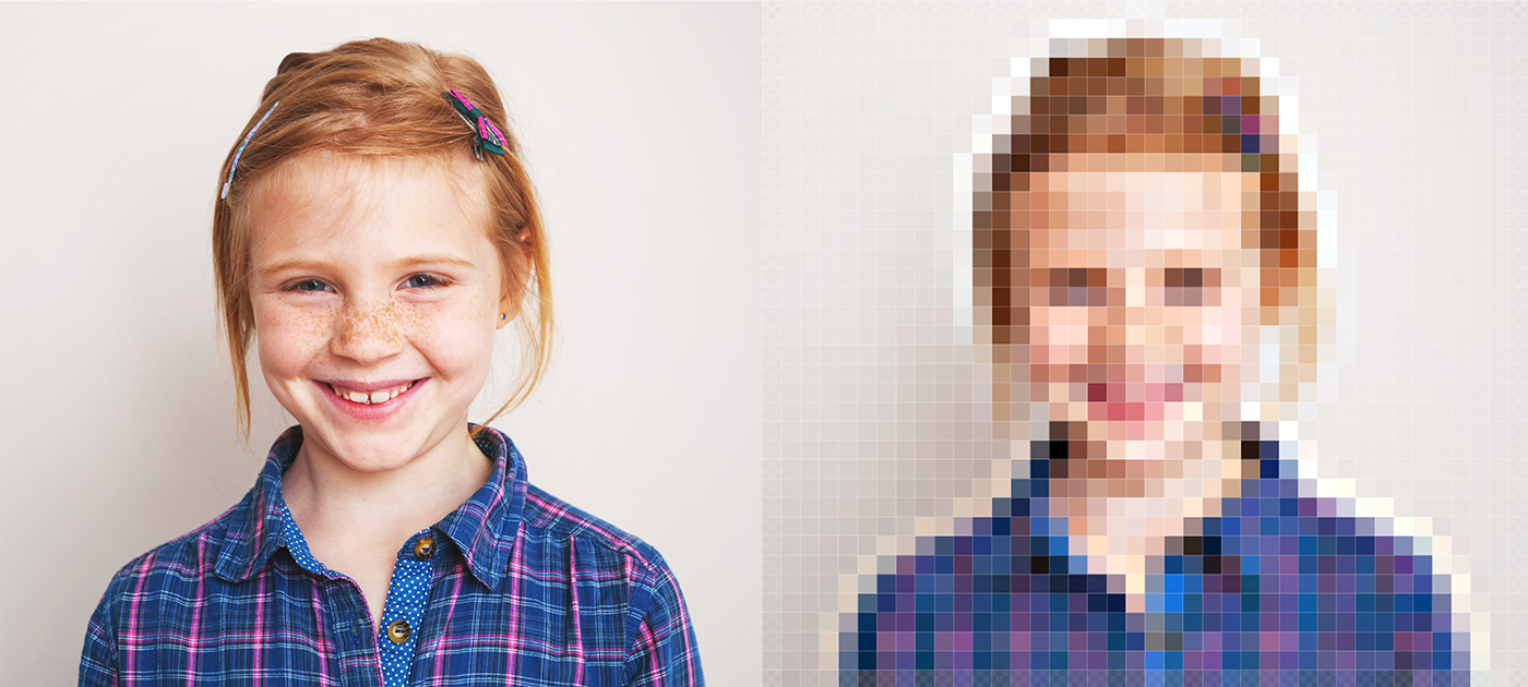 Bild på flicka visar pixlar olika upplösning